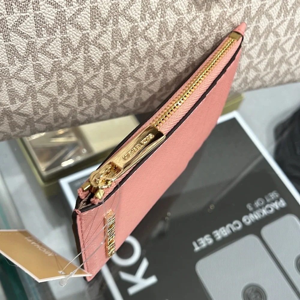 MICHAEL KORS Jet Set Travel Medium Top Zip Leather Card Case Wallet Primrose NWT